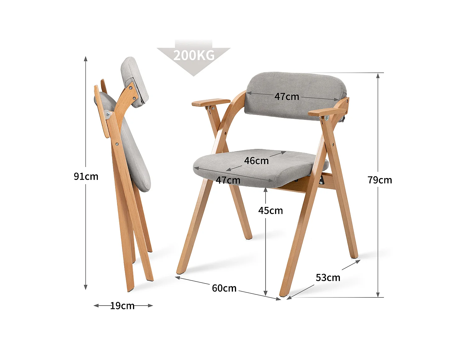 Chaises pliantes avec accoudoirs, lot de 2, chaise de salle à manger empilable en bois avec assise rembourrée, gris