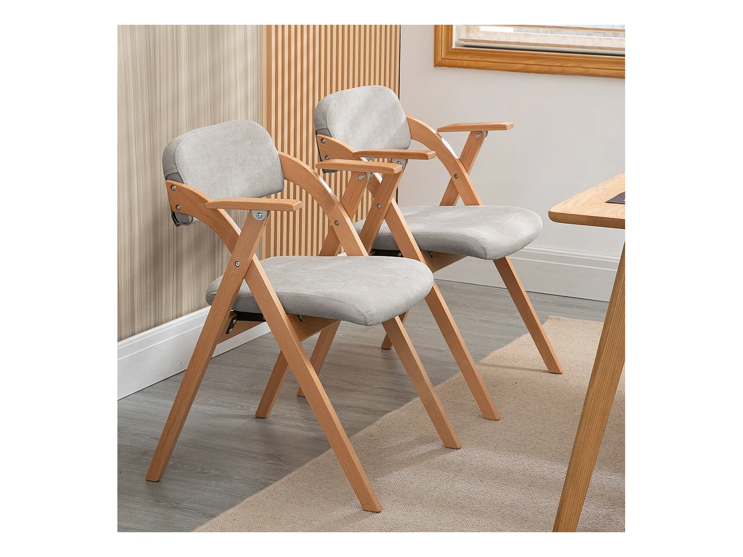 Chaises pliantes avec accoudoirs, lot de 2, chaise de salle à manger empilable en bois avec assise rembourrée, gris