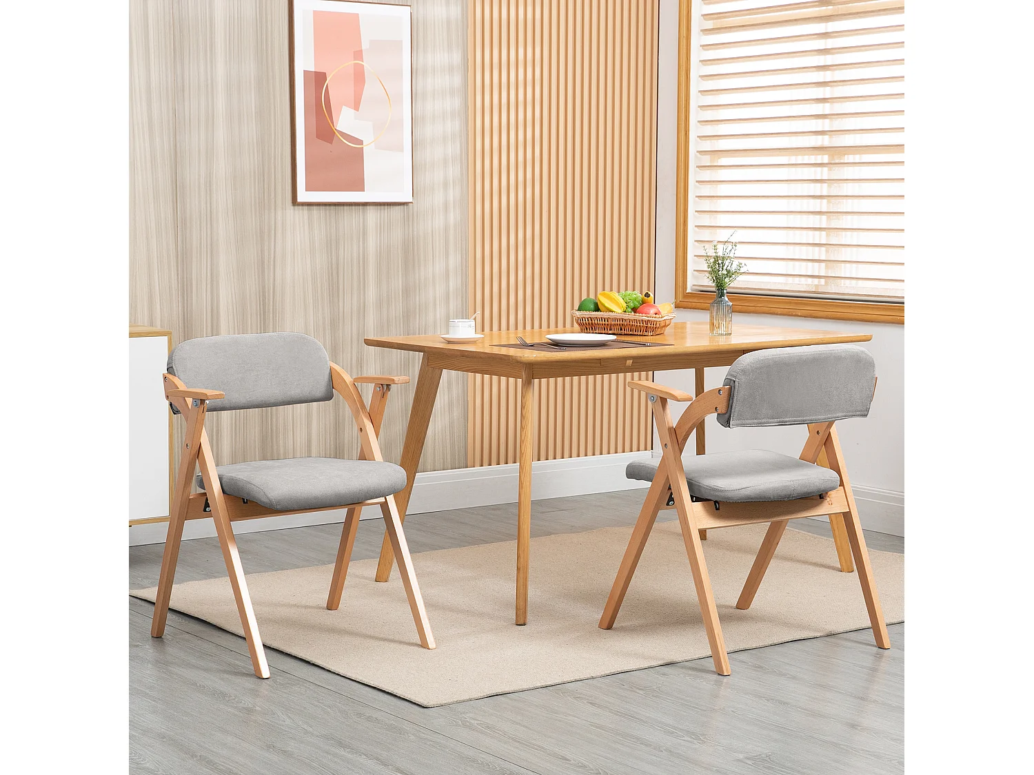 Chaises pliantes avec accoudoirs, lot de 2, chaise de salle à manger empilable en bois avec assise rembourrée, gris
