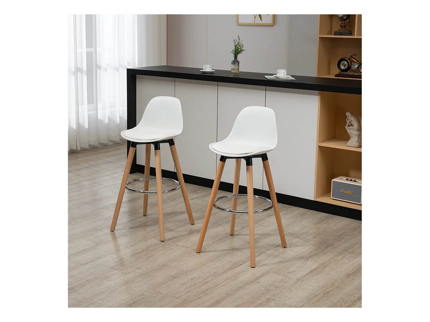 Lot de 2 tabourets de bar, tabourets de cuisine avec repose-pieds, similicuir, blanc