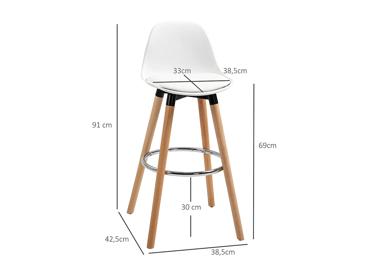 Lot de 2 tabourets de bar, tabourets de cuisine avec repose-pieds, similicuir, blanc