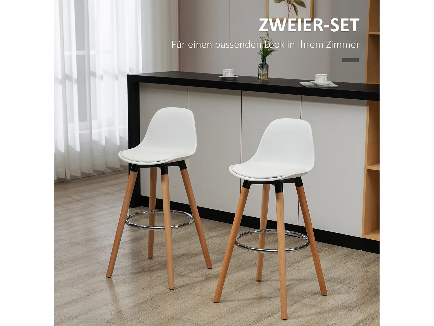 Lot de 2 tabourets de bar, tabourets de cuisine avec repose-pieds, similicuir, blanc