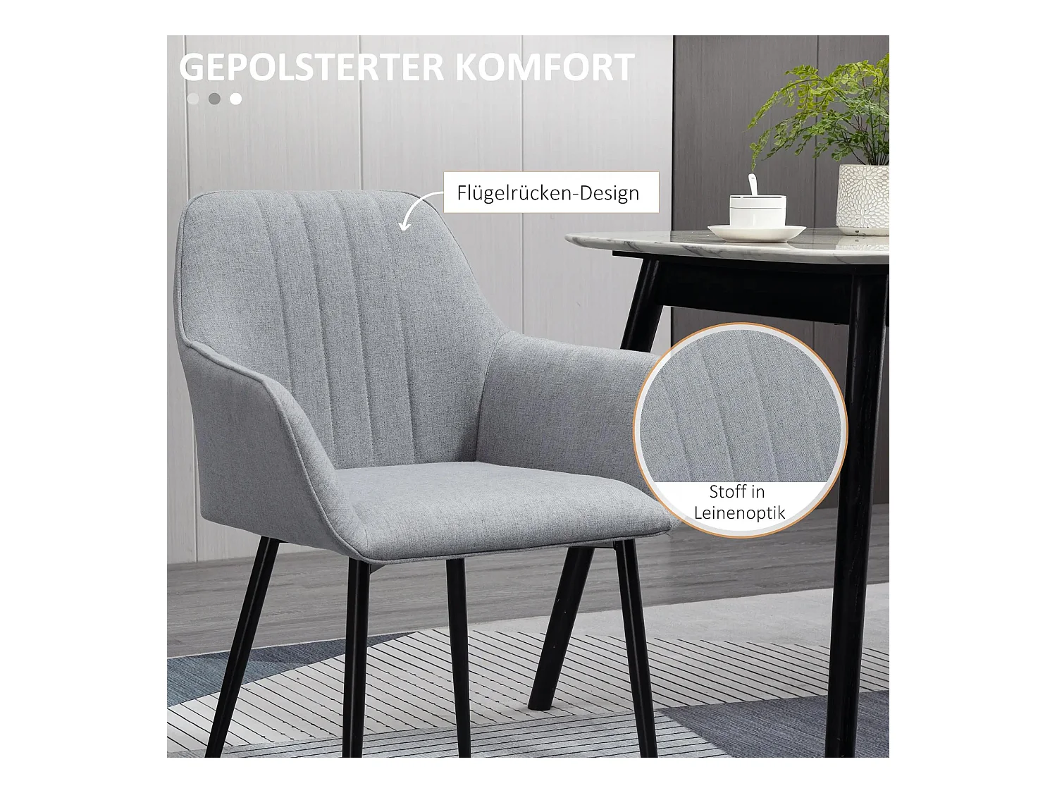 Lot de 2 chaises de salle à manger, rembourrées avec revêtement en lin respirant, gris clair