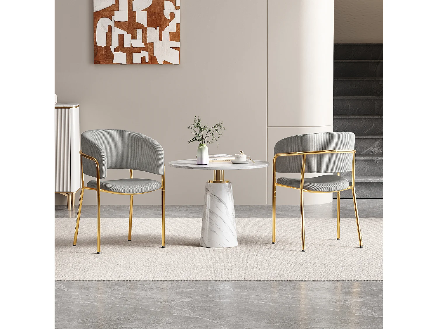 Conjunto de 2 cadeiras modernas, com pernas inclinadas, pés ajustáveis, tecido de veludo cotelê, cinza