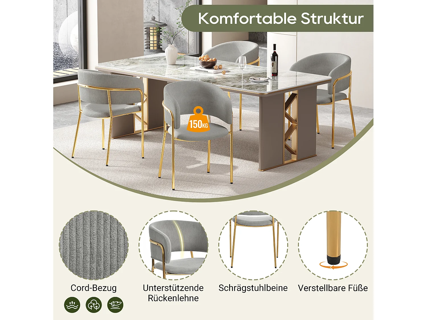 Conjunto de 2 cadeiras modernas, com pernas inclinadas, pés ajustáveis, tecido de veludo cotelê, cinza