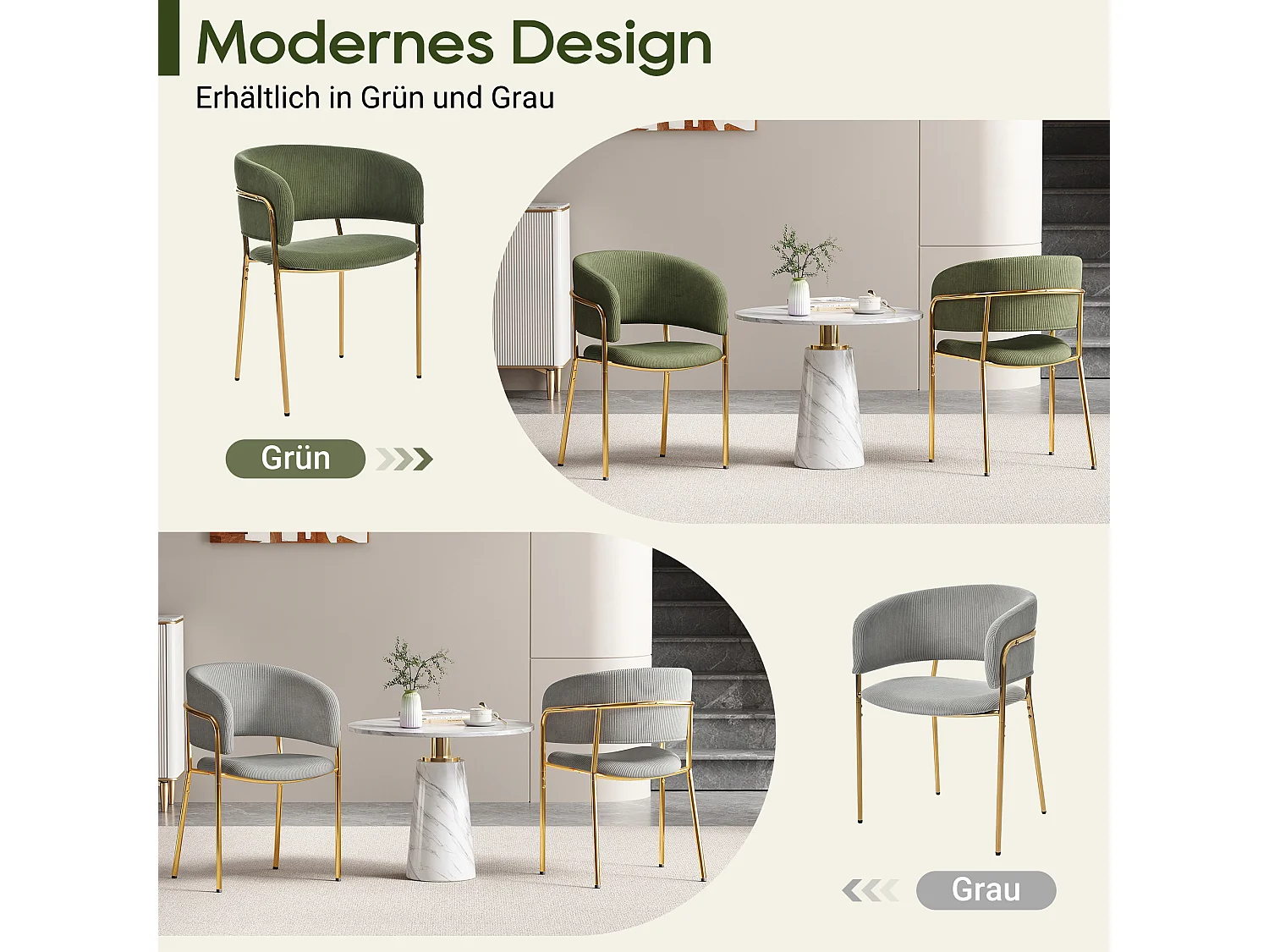 Conjunto de 2 cadeiras modernas, com pernas inclinadas, pés ajustáveis, tecido de veludo cotelê, cinza