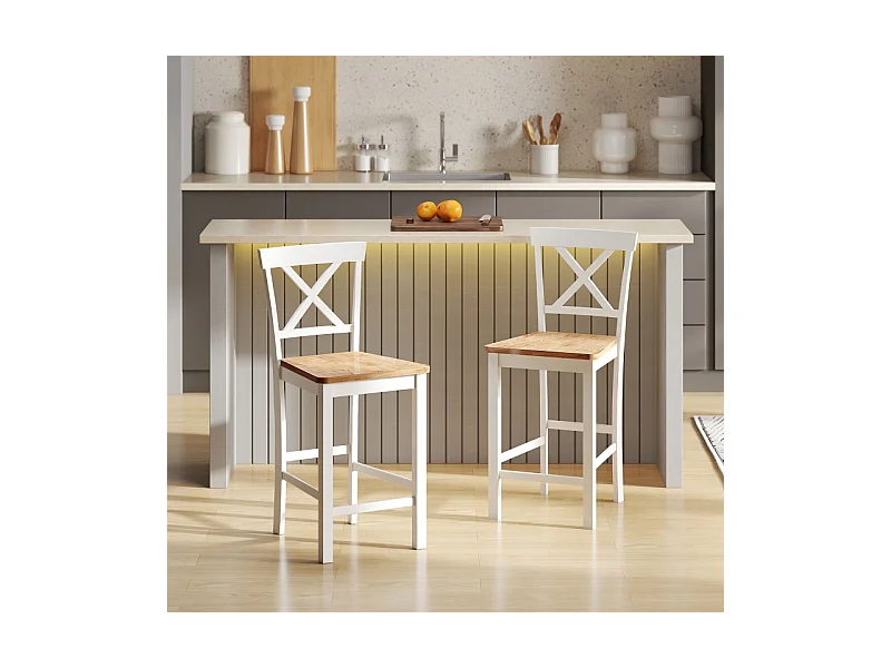 Lot de 2 tabourets de bar avec dossier et repose-pieds, en bois d'hévéa, pour cuisine, salle à manger, chêne + blanc