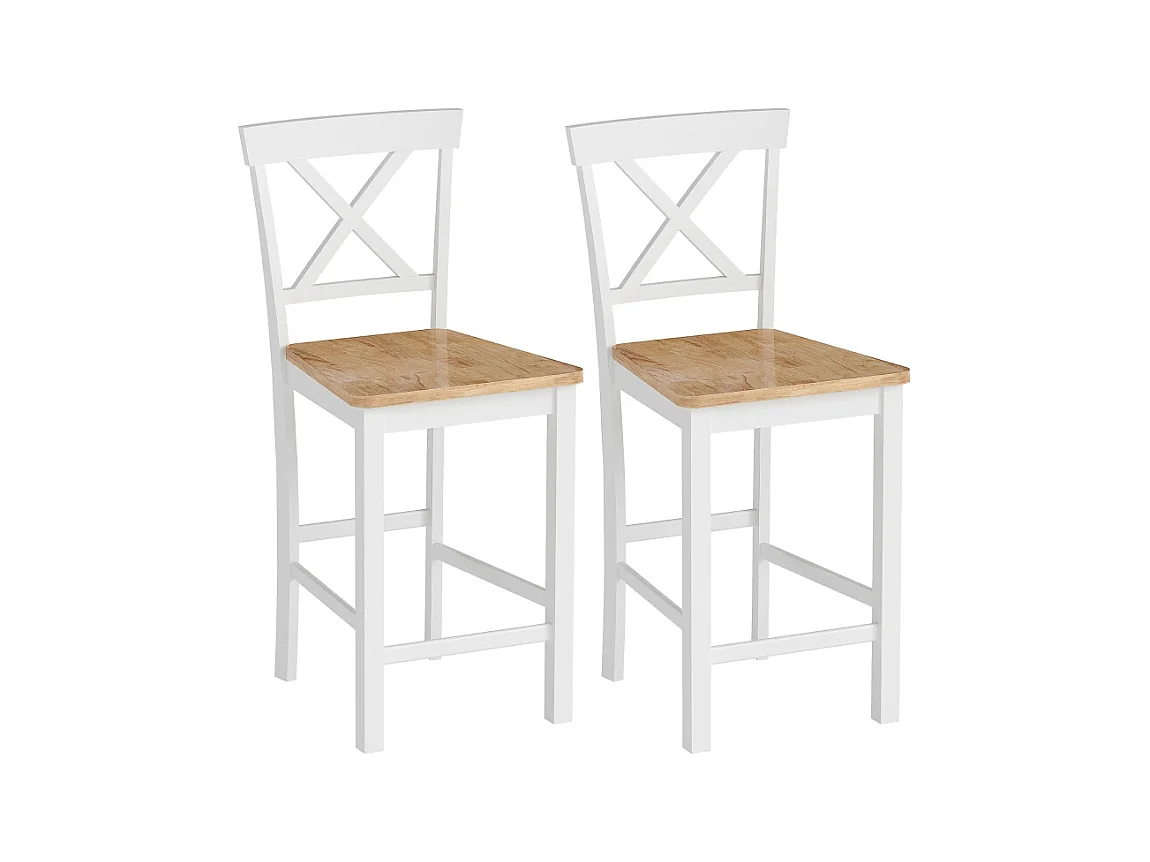 Lot de 2 tabourets de bar avec dossier et repose-pieds, en bois d'hévéa, pour cuisine, salle à manger, chêne + blanc