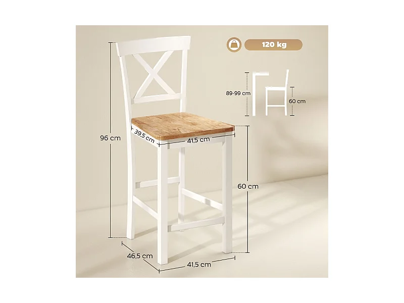 Lot de 2 tabourets de bar avec dossier et repose-pieds, en bois d'hévéa, pour cuisine, salle à manger, chêne + blanc