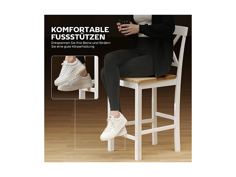 Lot de 2 tabourets de bar avec dossier et repose-pieds, en bois d'hévéa, pour cuisine, salle à manger, chêne + blanc
