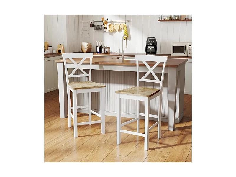 Lot de 2 tabourets de bar avec dossier et repose-pieds, en bois d'hévéa, pour cuisine, salle à manger, chêne + blanc