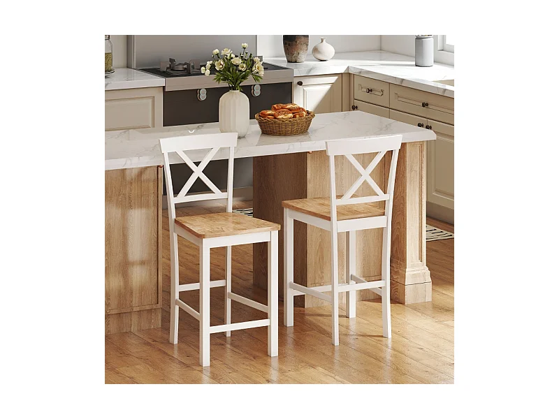 Lot de 2 tabourets de bar avec dossier et repose-pieds, en bois d'hévéa, pour cuisine, salle à manger, chêne + blanc