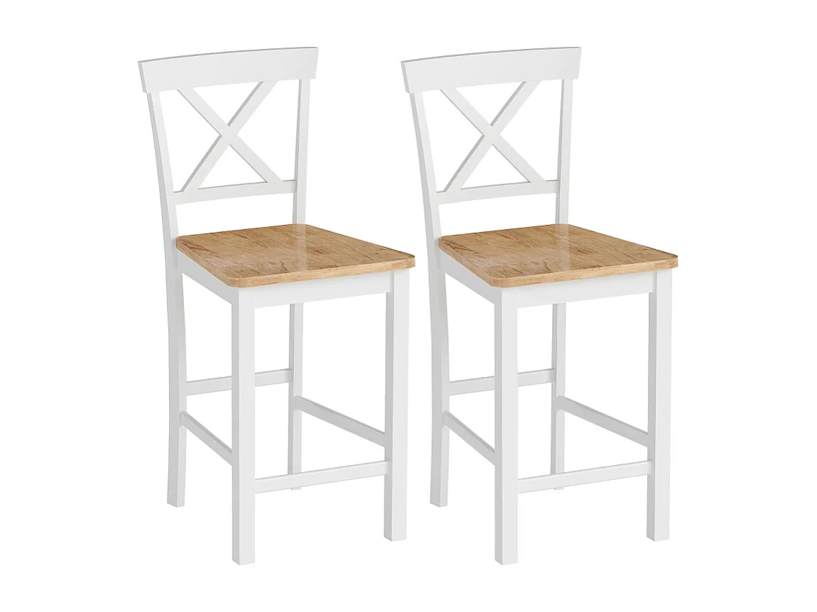 Lot de 2 tabourets de bar avec dossier et repose-pieds, en bois d'hévéa, pour cuisine, salle à manger, chêne + blanc