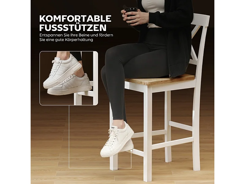 Lot de 2 tabourets de bar avec dossier et repose-pieds, en bois d'hévéa, pour cuisine, salle à manger, chêne + blanc