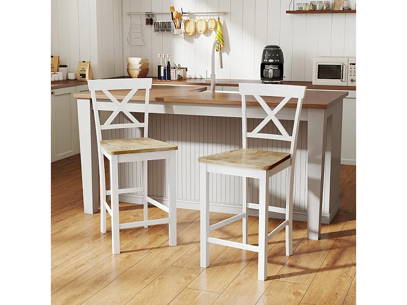 Lot de 2 tabourets de bar avec dossier et repose-pieds, en bois d'hévéa, pour cuisine, salle à manger, chêne + blanc