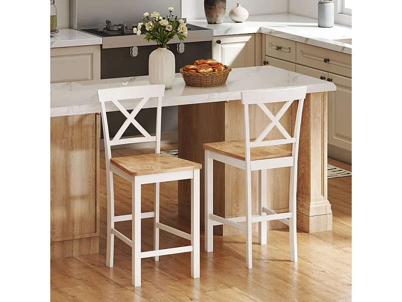 Lot de 2 tabourets de bar avec dossier et repose-pieds, en bois d'hévéa, pour cuisine, salle à manger, chêne + blanc
