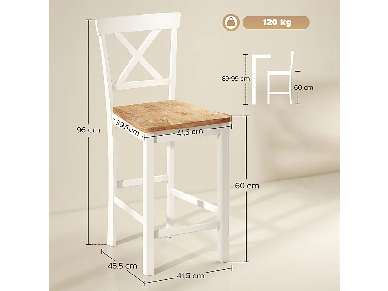 Lot de 2 tabourets de bar avec dossier et repose-pieds, en bois d'hévéa, pour cuisine, salle à manger, chêne + blanc