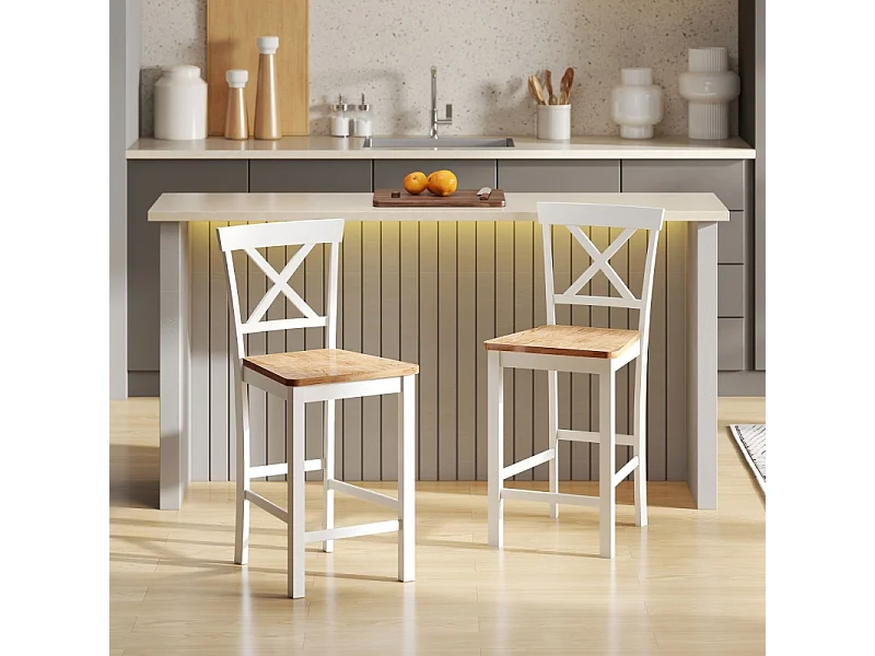Lot de 2 tabourets de bar avec dossier et repose-pieds, en bois d'hévéa, pour cuisine, salle à manger, chêne + blanc