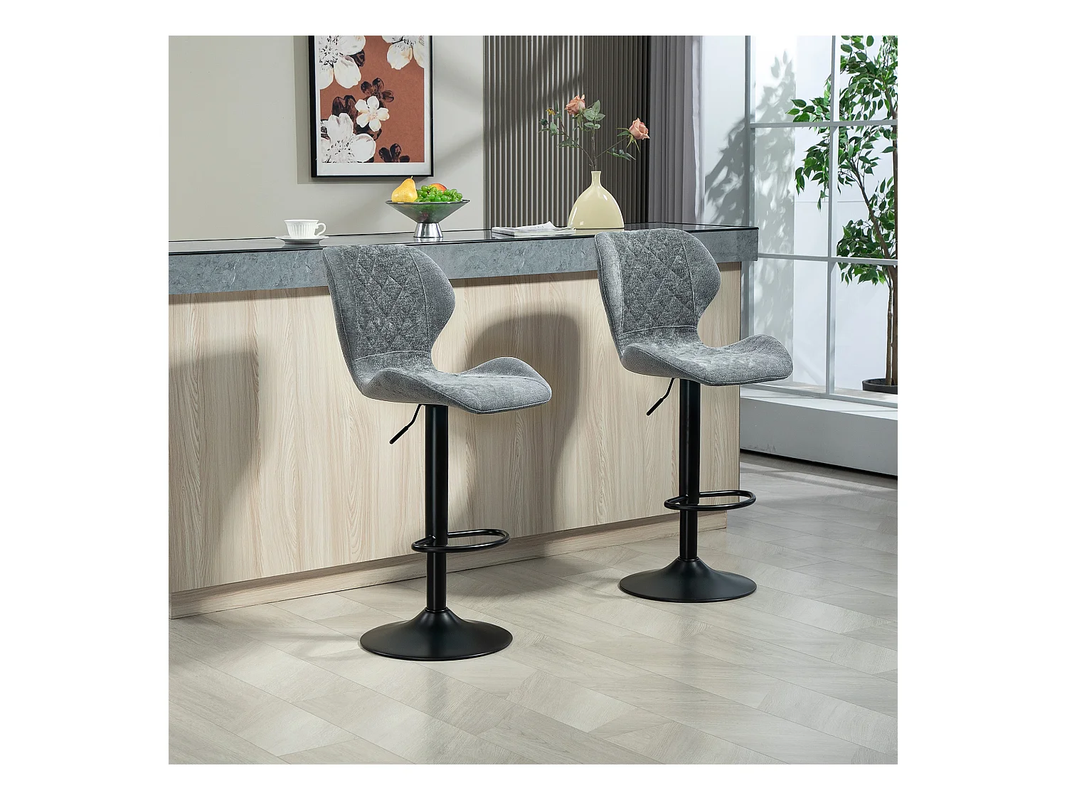 Lot de 2 tabourets de bar, réglables en hauteur et pivotants, rembourrés avec dossier, aspect chenille, repose-pieds, structure en acier, gris foncé