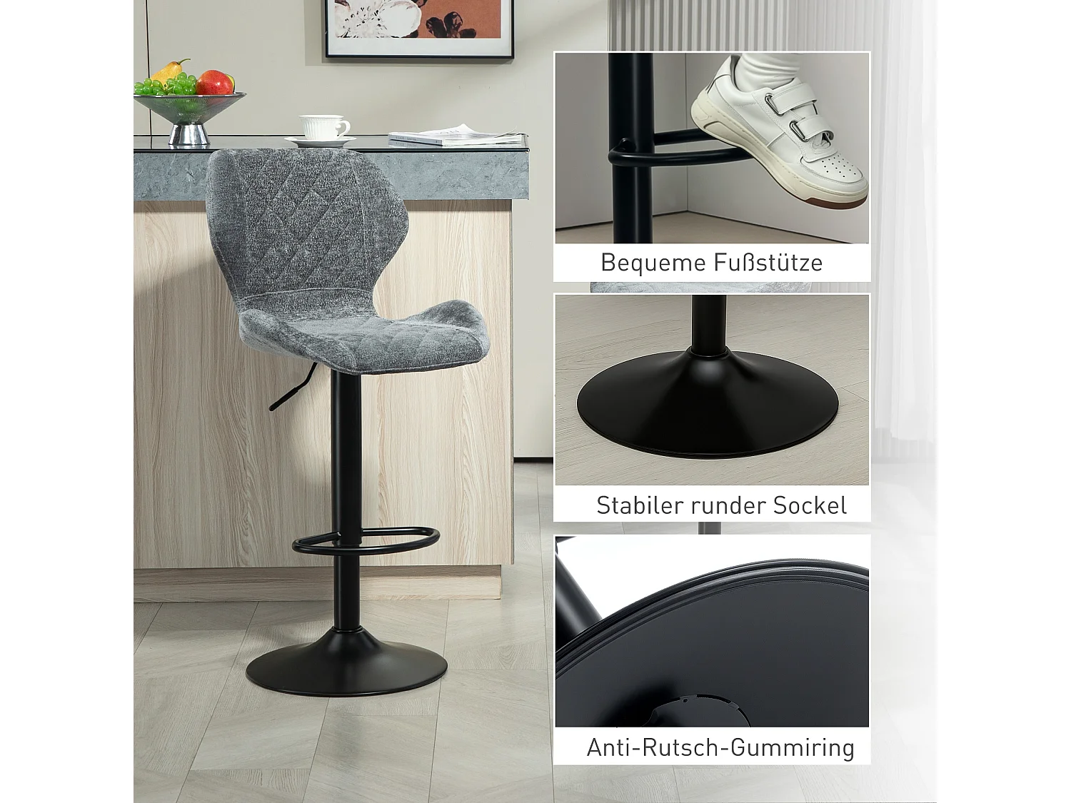 Barkruk set van 2, in hoogte verstelbaar en draaibaar, gestoffeerd met rugleuning, chenille-look, voetenbankje, stalen frame, donkergrijs