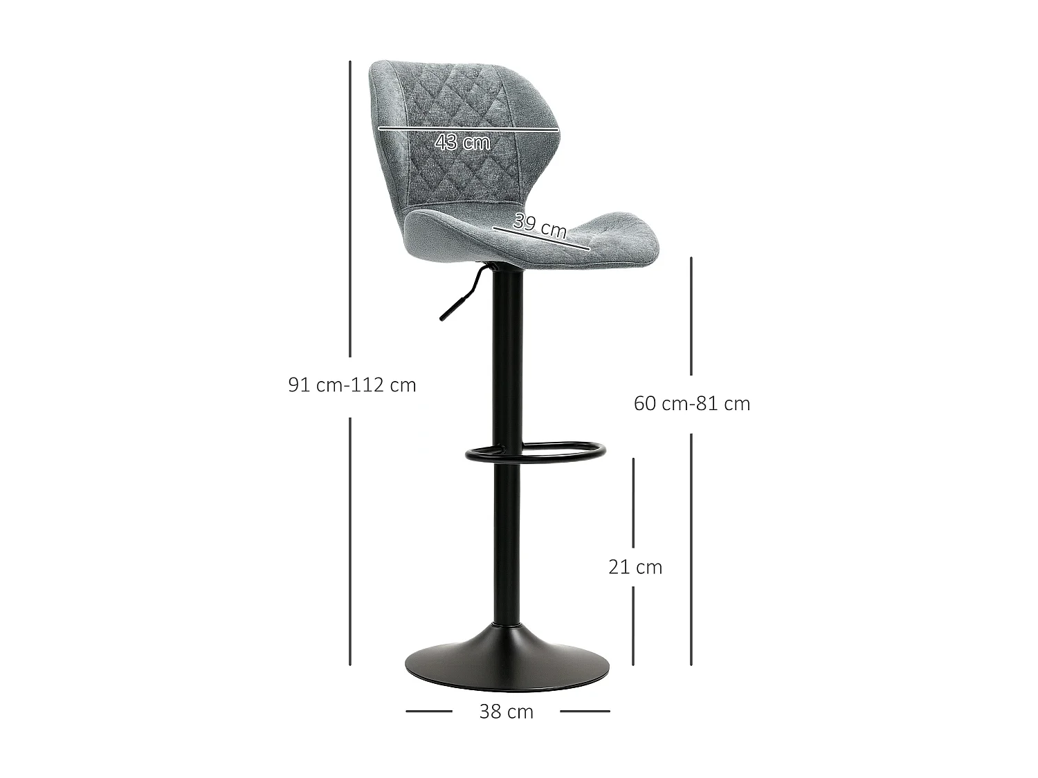 Set di 2 sgabelli da bar, regolabili in altezza e girevoli, imbottiti con schienale, effetto ciniglia, poggiapiedi, struttura in acciaio, grigio scuro