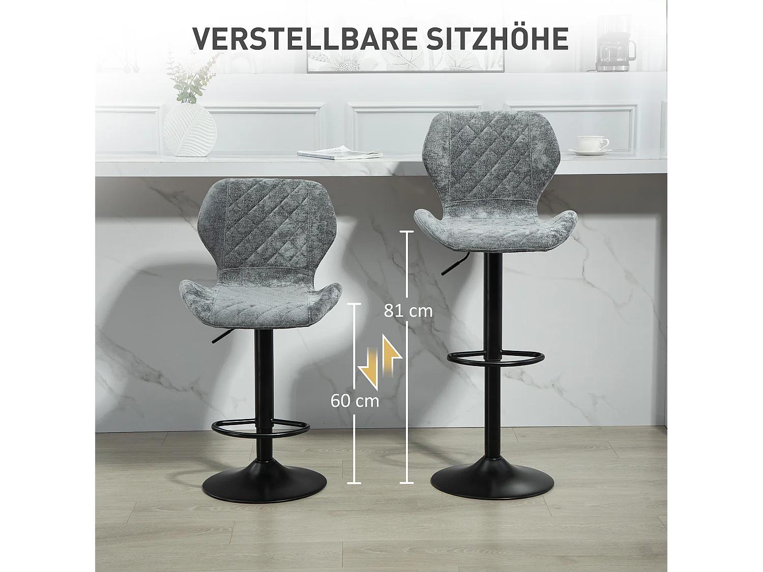 Set di 2 sgabelli da bar, regolabili in altezza e girevoli, imbottiti con schienale, effetto ciniglia, poggiapiedi, struttura in acciaio, grigio scuro