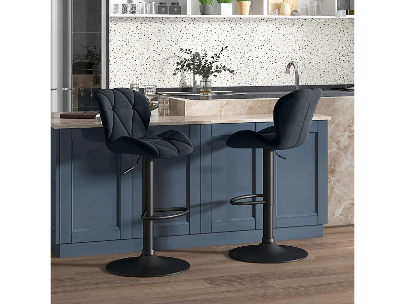 Barhocker 2er-Set, drehbar, höhenverstellbar, mit Lehne, Samt Touch, Schwarz, armlos