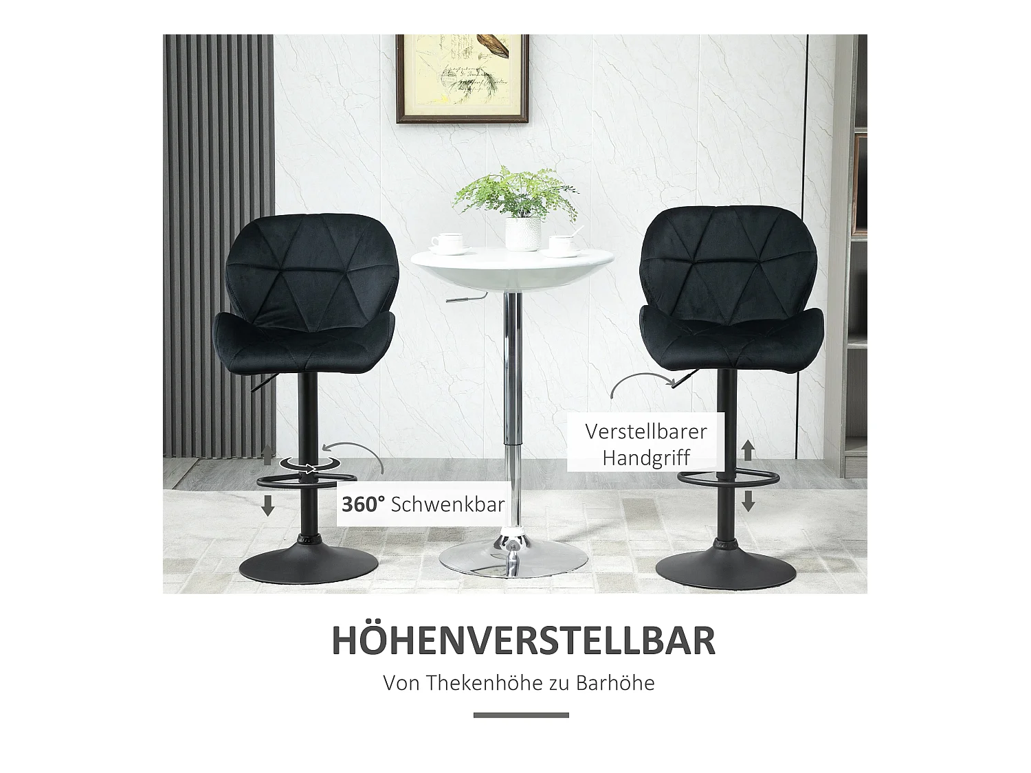 Lot de 2 tabourets de bar pivotants, réglables en hauteur, avec dossier, toucher velours, noir, sans accoudoirs