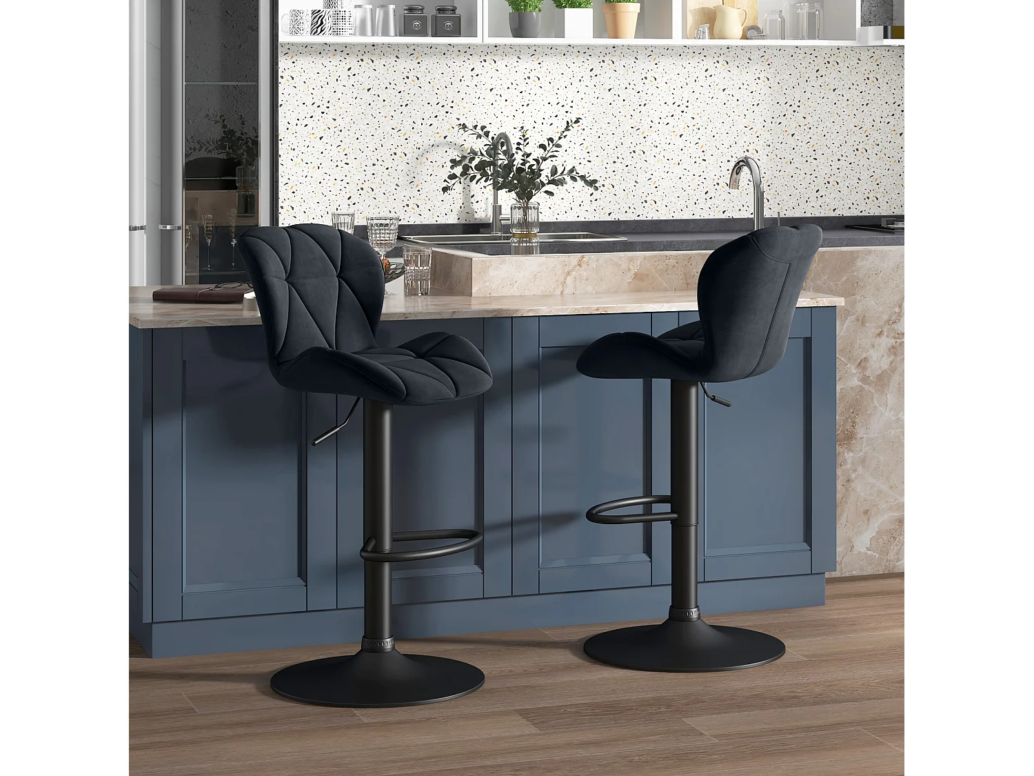 Barkruk set van 2, draaibaar, in hoogte verstelbaar, met rugleuning, fluweelzacht, zwart, zonder armleuningen