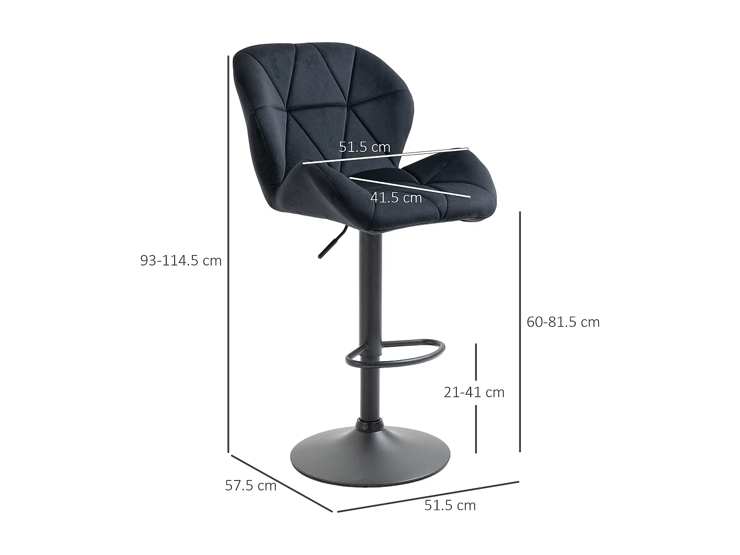 Lot de 2 tabourets de bar pivotants, réglables en hauteur, avec dossier, toucher velours, noir, sans accoudoirs