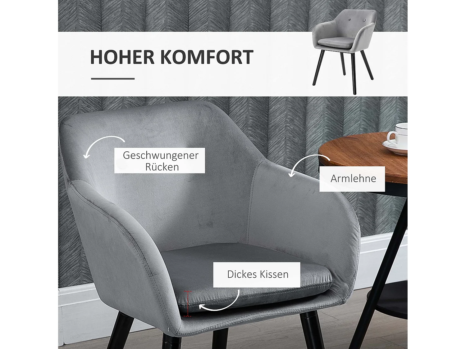 Lot de 2 chaises de salle à manger, chaise de cuisine avec dossier, aspect velours, chaise rembourrée avec pieds en hêtre, gris