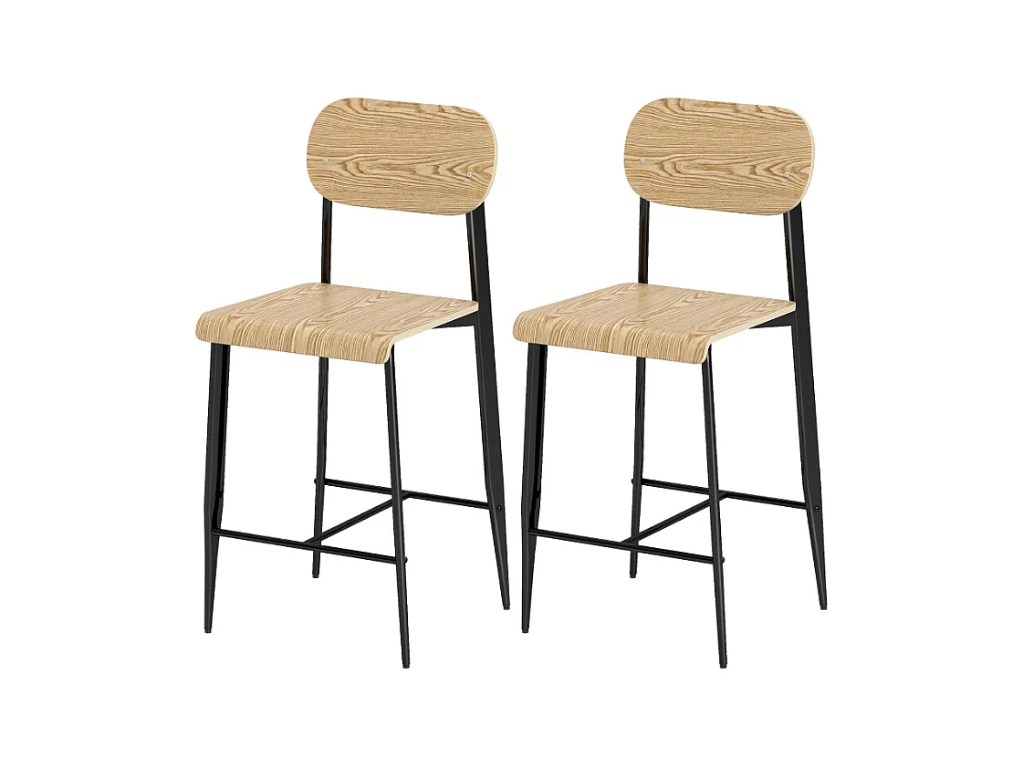 Lot de 2 tabourets de bar, avec repose-pieds, structure en métal, hauteur d'assise 66 cm, design industriel, bois naturel + noir