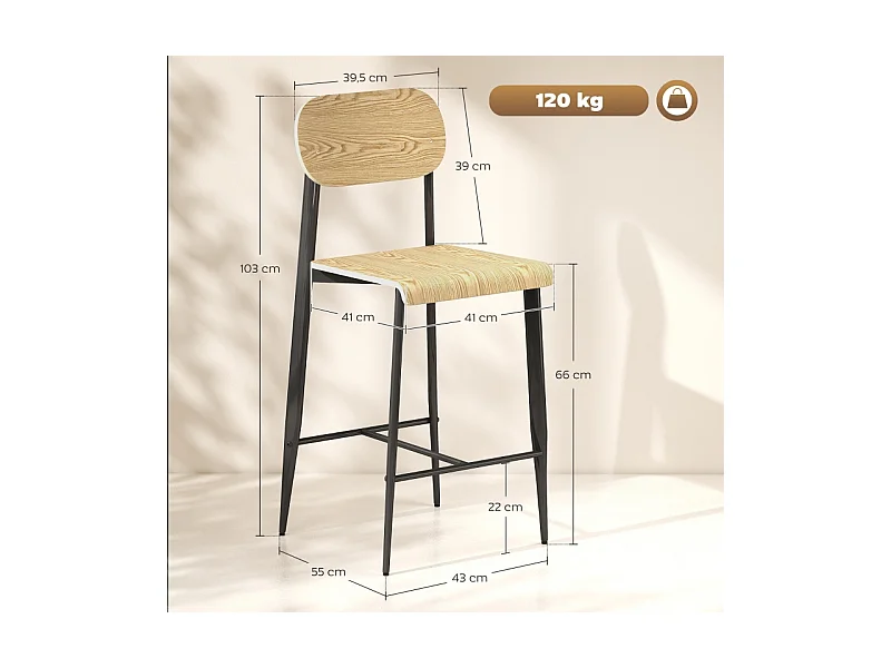 Lot de 2 tabourets de bar, avec repose-pieds, structure en métal, hauteur d'assise 66 cm, design industriel, bois naturel + noir