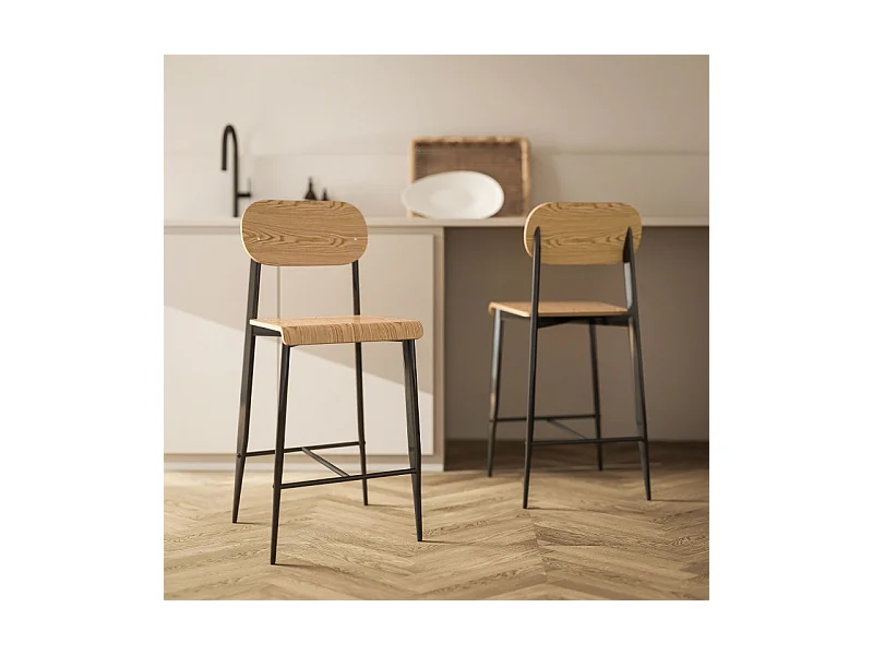Lot de 2 tabourets de bar, avec repose-pieds, structure en métal, hauteur d'assise 66 cm, design industriel, bois naturel + noir