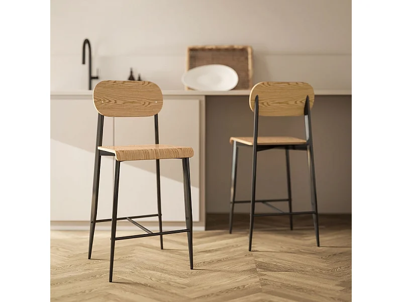 Barkruk set van 2, met voetenbankje, metalen frame, zithoogte 66 cm, industrieel design, natuurlijk hout + zwart