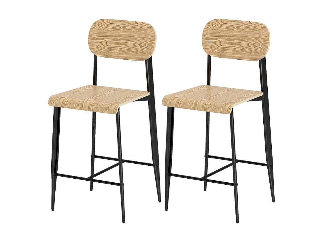 Barkruk set van 2, met voetenbankje, metalen frame, zithoogte 66 cm, industrieel design, natuurlijk hout + zwart