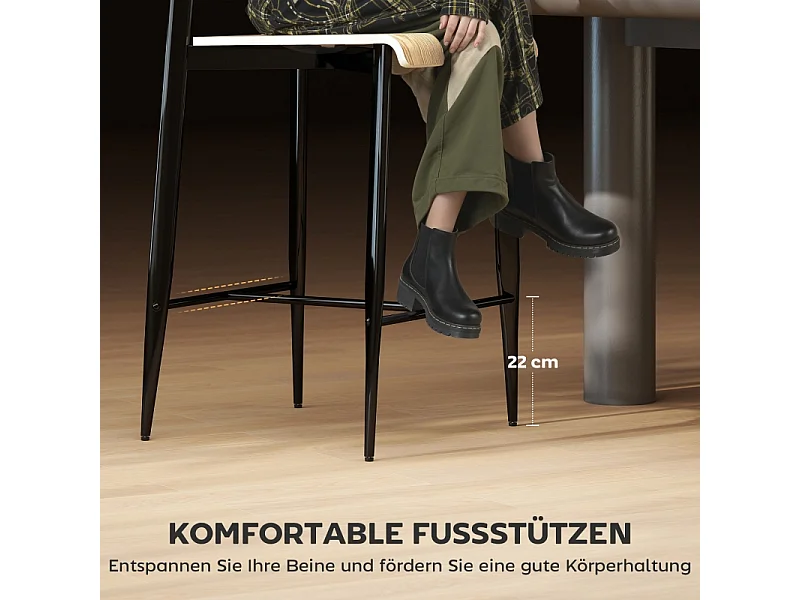 Barkruk set van 2, met voetenbankje, metalen frame, zithoogte 66 cm, industrieel design, natuurlijk hout + zwart