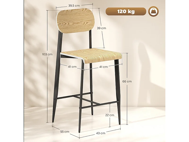 Lot de 2 tabourets de bar, avec repose-pieds, structure en métal, hauteur d'assise 66 cm, design industriel, bois naturel + noir