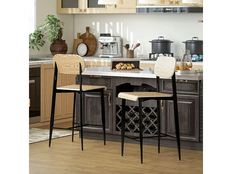 Lot de 2 tabourets de bar, avec repose-pieds, structure en métal, hauteur d'assise 66 cm, design industriel, bois naturel + noir