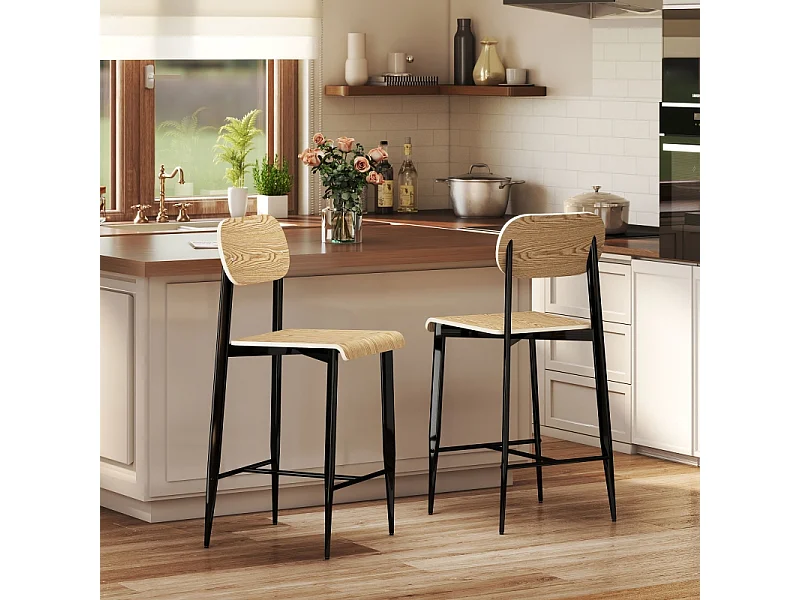 Lot de 2 tabourets de bar, avec repose-pieds, structure en métal, hauteur d'assise 66 cm, design industriel, bois naturel + noir