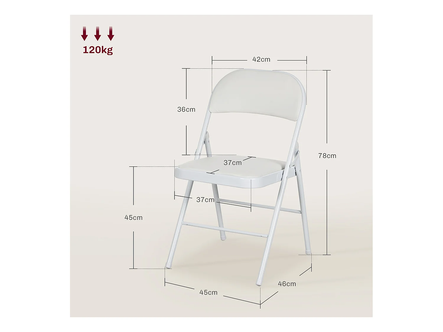 Klappstuhl, gepolsterte Rückenlehne, Klappbarer Bürostuhl, Stahlrahmen, bis 120 kg, für Camping, Büro, Gäste, Weiß