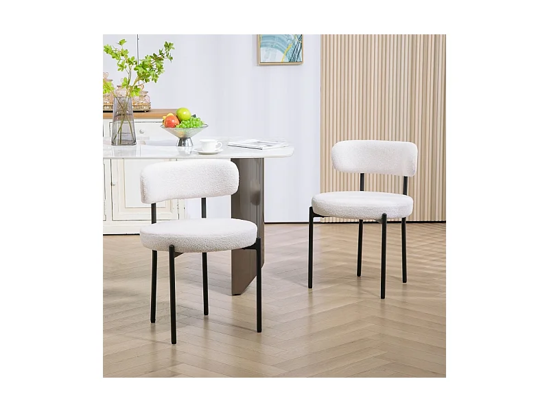 Lot de 2 chaises de salle à manger, avec rembourrage en polaire, assise rembourrée, pieds en métal, blanc crème