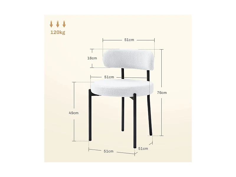 Lot de 2 chaises de salle à manger, avec rembourrage en polaire, assise rembourrée, pieds en métal, blanc crème