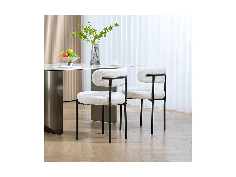 Lot de 2 chaises de salle à manger, avec rembourrage en polaire, assise rembourrée, pieds en métal, blanc crème