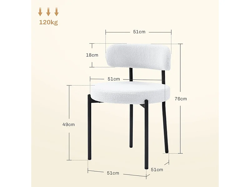 Eetkamerstoelen set van 2, met fleece vulling, gestoffeerde zitting, metalen poten, crèmewit