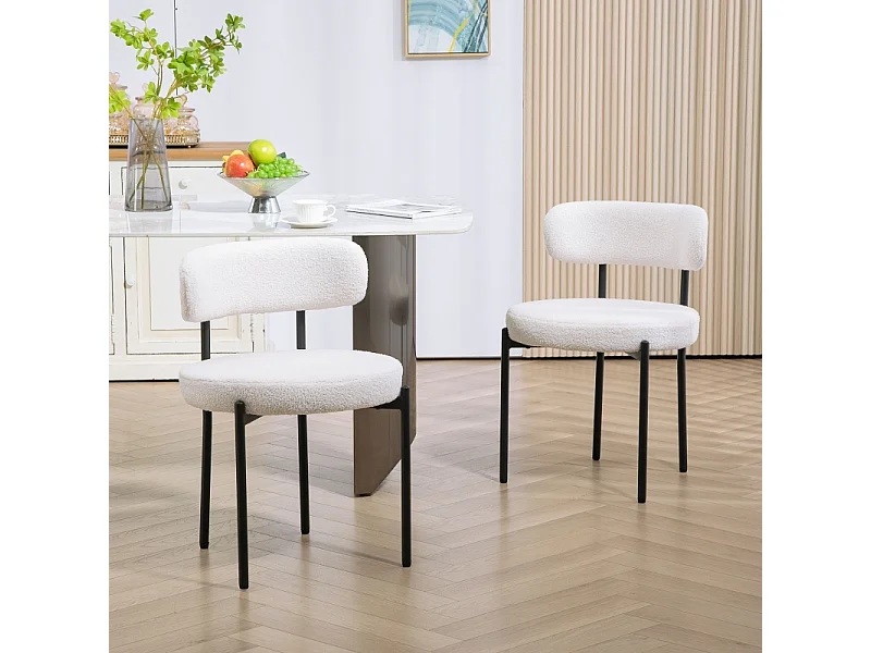 Lot de 2 chaises de salle à manger, avec rembourrage en polaire, assise rembourrée, pieds en métal, blanc crème