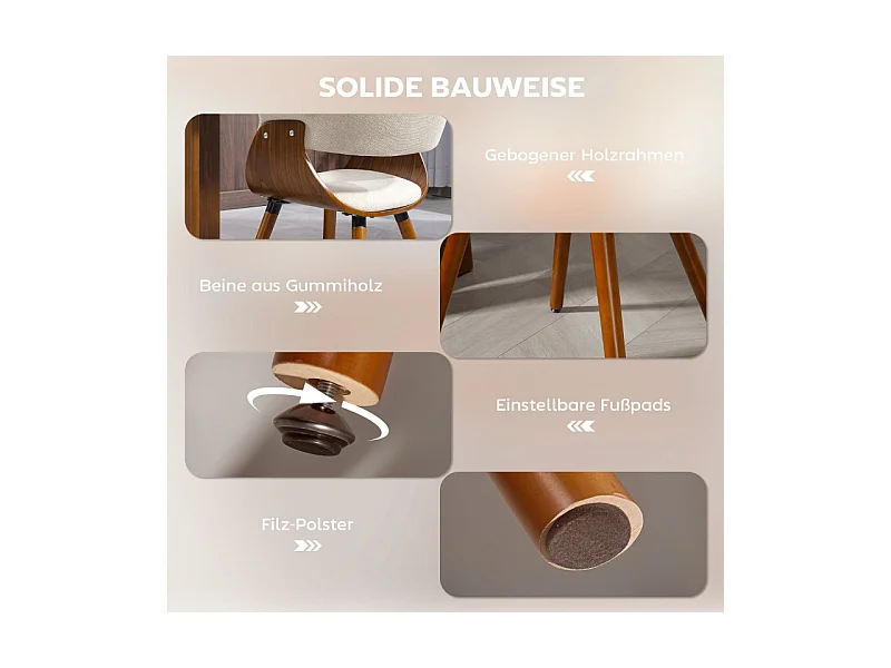 Sedia da pranzo, sedia da cucina con schienale, effetto lino, sedia imbottita con gambe in legno, beige