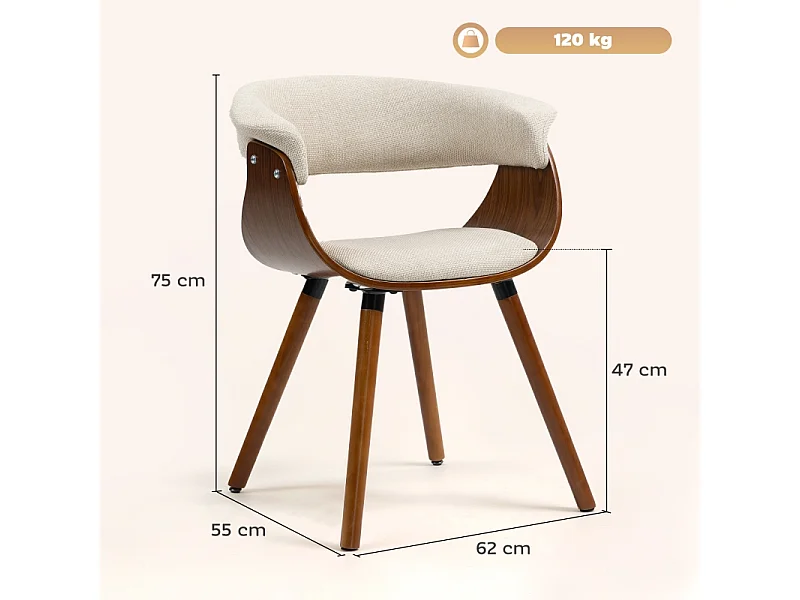 Eetkamerstoel, keukenstoel met rugleuning, linnenlook, gestoffeerde stoel met houten poten, beige