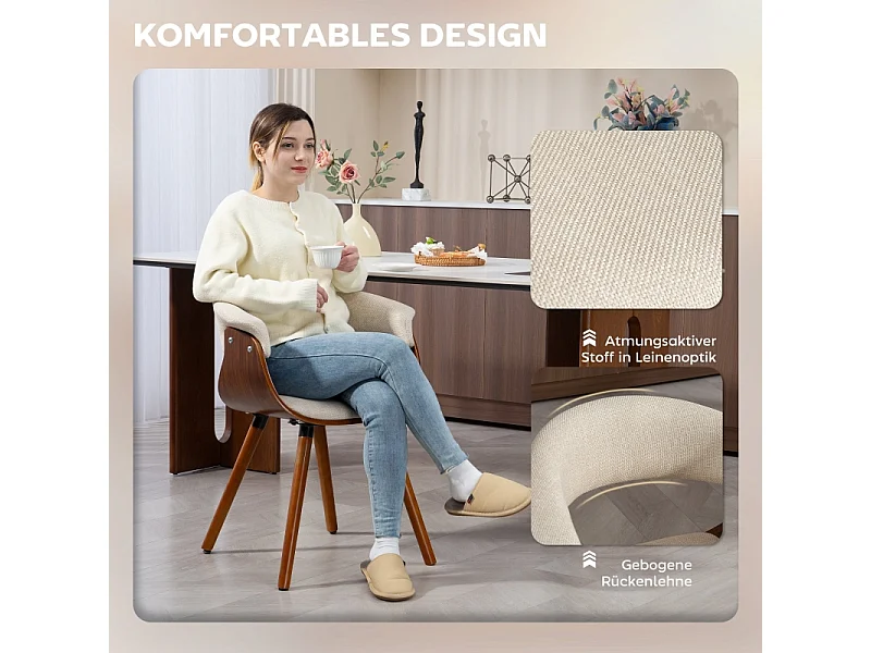 Eetkamerstoel, keukenstoel met rugleuning, linnenlook, gestoffeerde stoel met houten poten, beige