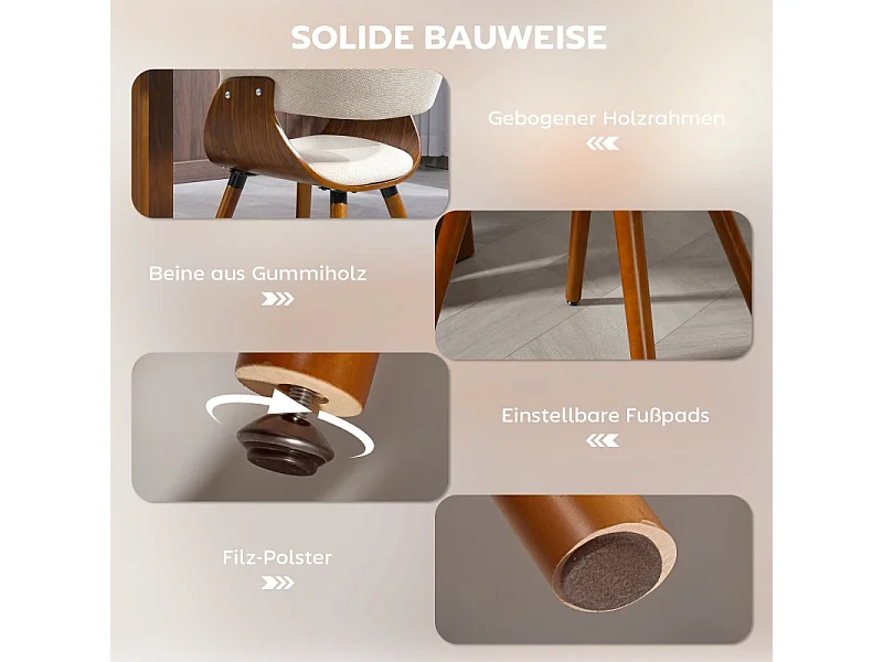 Eetkamerstoel, keukenstoel met rugleuning, linnenlook, gestoffeerde stoel met houten poten, beige